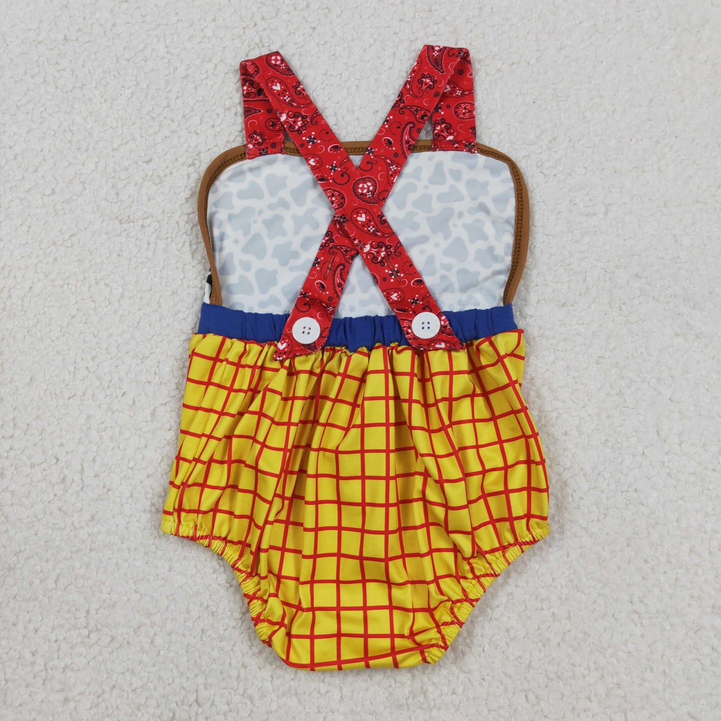 SR4114 Cartoon Character Cow Print Yellow Plaid Sleeveless Boys Bubble Romper 202604 RTS Sibling