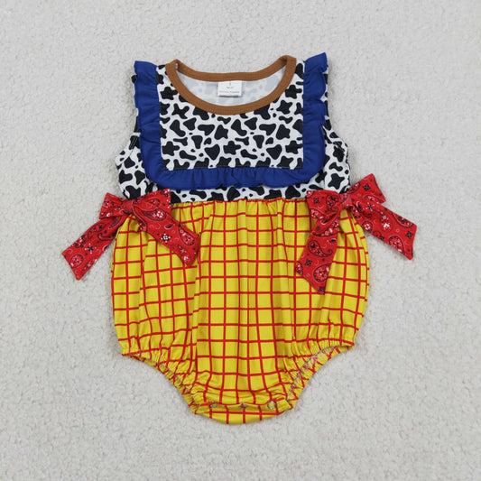 SR4115 Cartoon Character Cow Print Yellow Plaid Blue Ruffle Sleeveless Girls Bubble Romper 202604 RTS Sibling