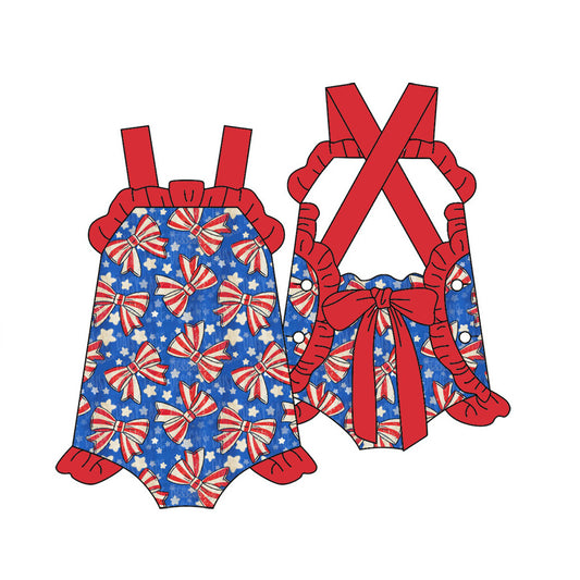 MOQ 5 PCS preorder SR4116 4th of July Bows Star Red Ruffle Sleeveless Girls Bubble Romper 202603 Sibling