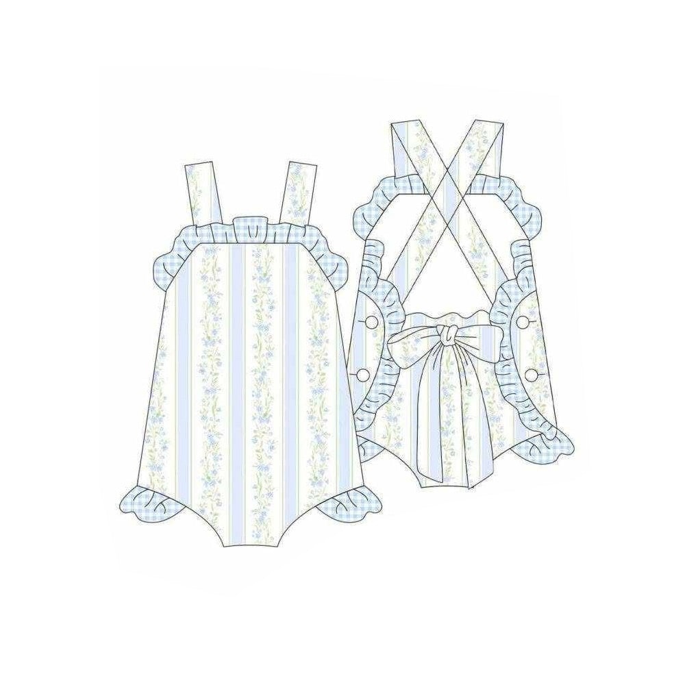 MOQ 5 PCS preorder SR4123 Flower Stripe Blue Plaid Ruffle Sleeveless Girls Bubble Romper 202603 Sibling