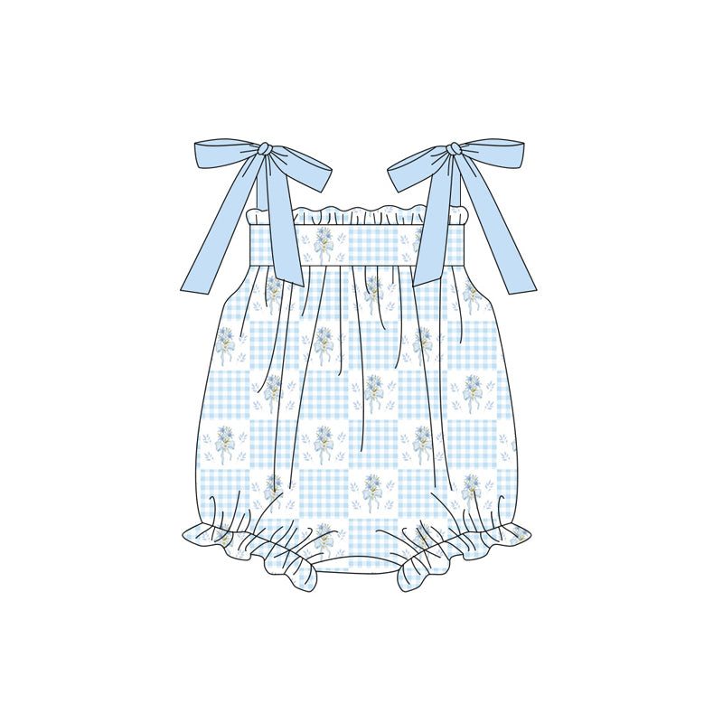 MOQ 5 PCS preorder SR4124 Flower Blue Plaid Ruffle Halter Girls Bubble Romper 202603 Sibling
