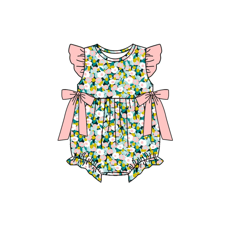 MOQ 5 PCS preorder SR4125 Flower Leaf Pink Bows Ruffle Flying Sleeve Girls Bubble Romper 202603 Sibling