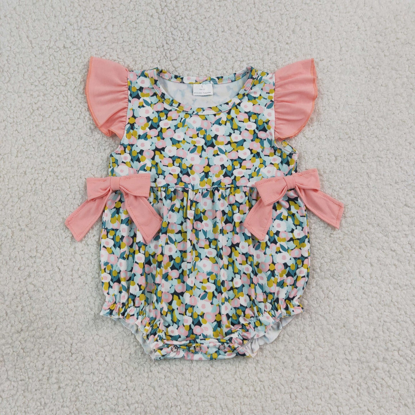SR4125 Flower Leaf Pink Bows Ruffle Flying Sleeve Girls Bubble Romper 202607 RTS Sibling