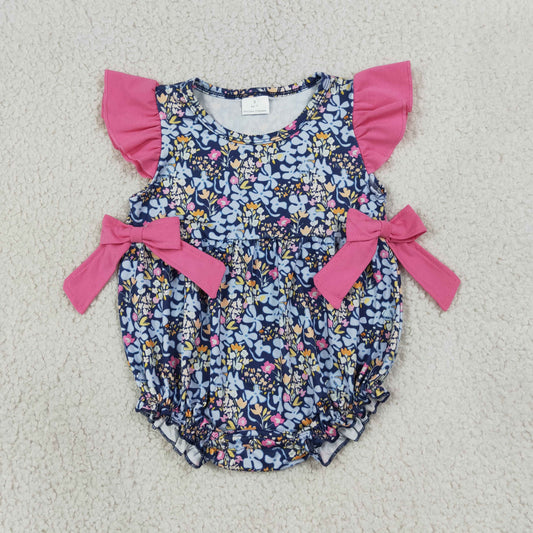 SR4126 Navy Flower Leaf Rose Red Bows Ruffle Flying Sleeve Girls Bubble Romper 202607 RTS Sibling