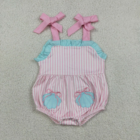 SR4127 Embroidered Seashell Bows Ruffle Pink Halter Girls Bubble Romper 202606 RTS Sibling