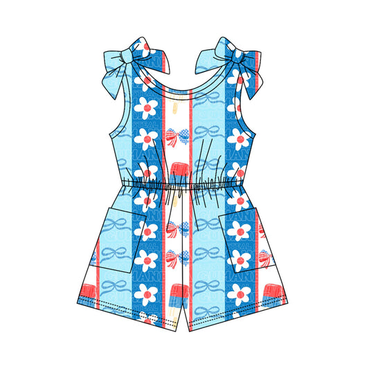 MOQ 5 PCS Preorder SR4128 4th of July Ice Cream Bows Flower Blue Sleeveless Girls Overalls Jumpsuits 202603