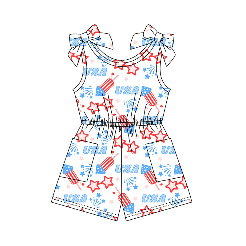 MOQ 5 PCS Preorder SR4131 4th of July USA Ice Cream Star Fireworks Blue White Sleeveless Girls Overalls Jumpsuits 202603