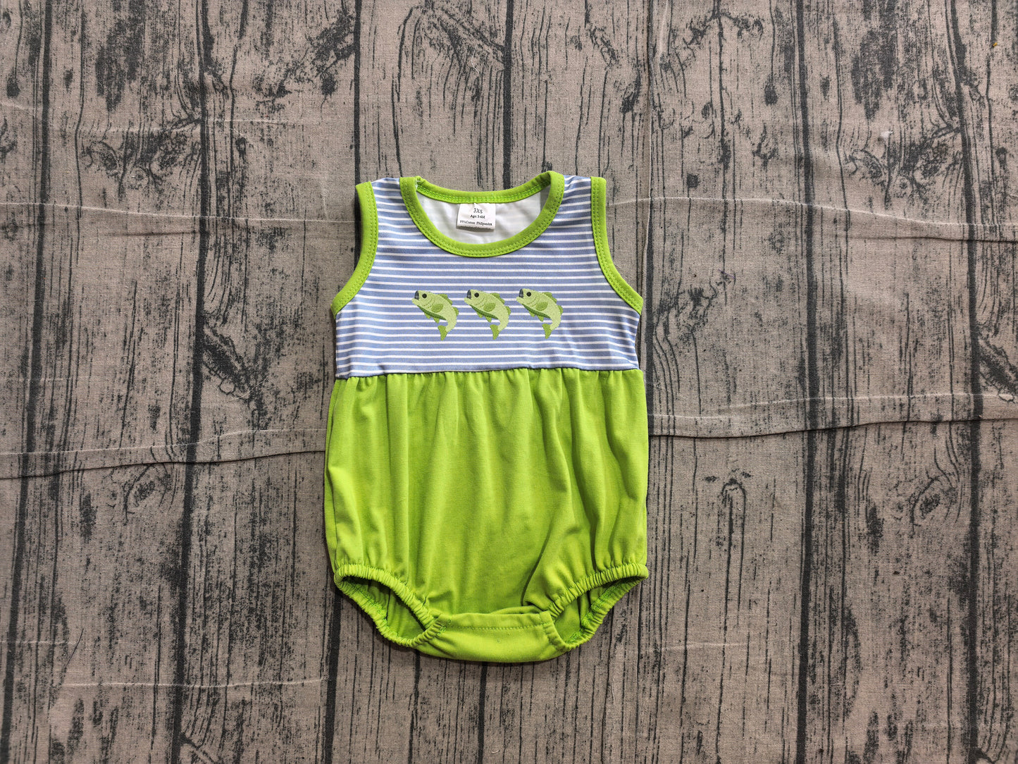NO MOQ preorder SR4139 Embroidered Fishing Pattern Stripe Blue Green Sleeveless Boys Bubble Romper 202606 Sibling