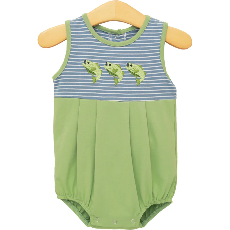 MOQ 5 PCS preorder SR4139 Fishing Pattern Stripe Blue Green Sleeveless Boys Bubble Romper 202603 Sibling