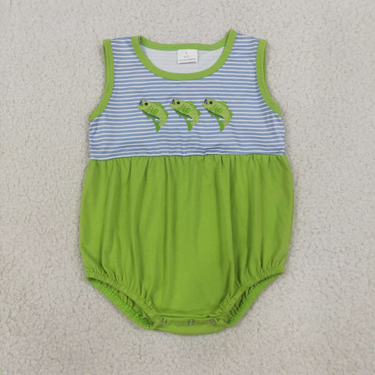 SR4139 Embroidered Fishing Pattern Stripe Blue Green Sleeveless Boys Bubble Romper 202608 RTS Sibling