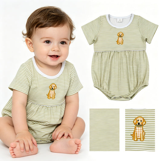 SR4140 Embroidered Puppy Pattern Yellow Green Stripe Sleeveless Boys Bubble Romper 202605 RTS Sibling
