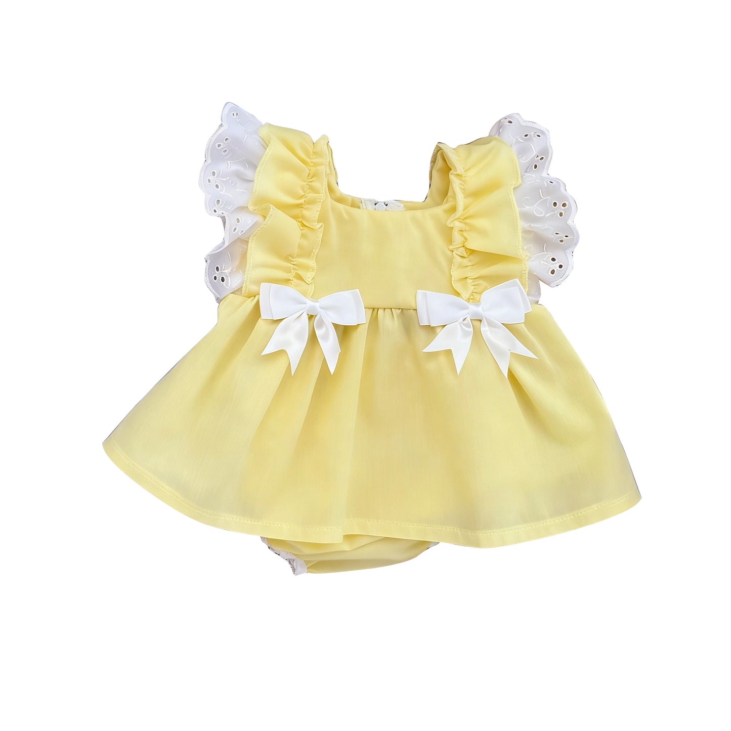 MOQ 5 PCS preorder SR4143 Lace Ruffle Bows Solid Yellow Sleeveless Girls Bubble Romper 202603