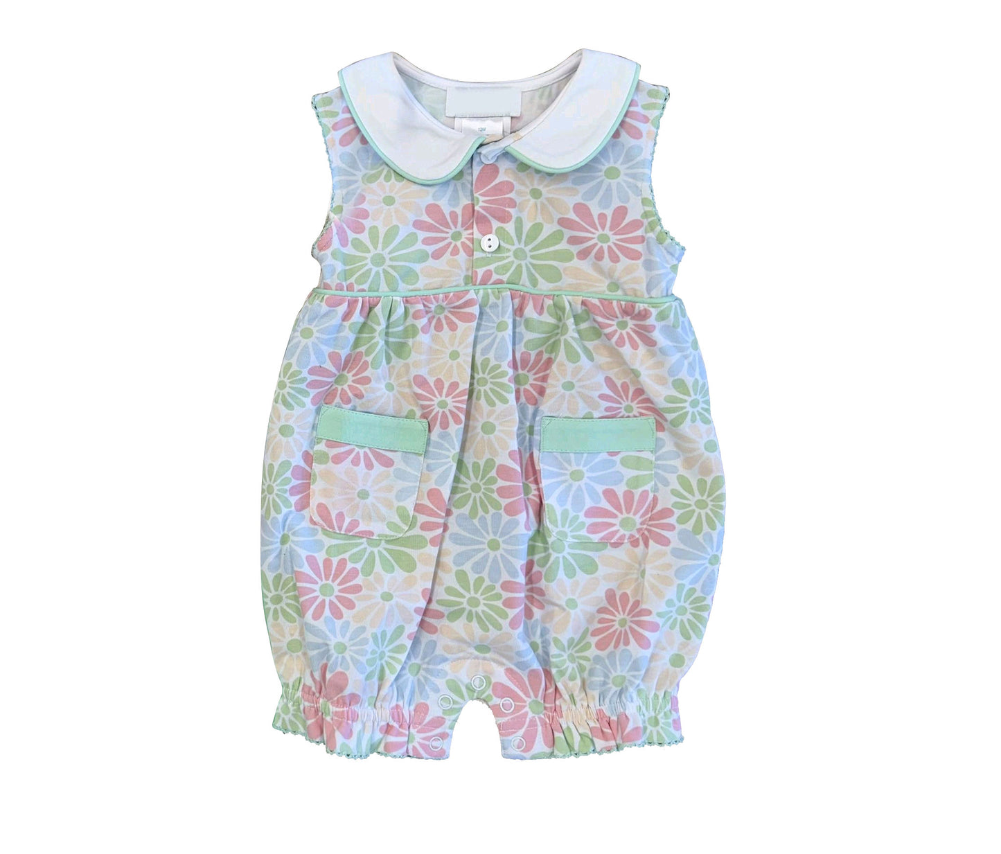 MOQ 5 PCS preorder SR4149 Colored Flower Light Green Pocket Doll Collar Sleeveless Girls Romper 202603