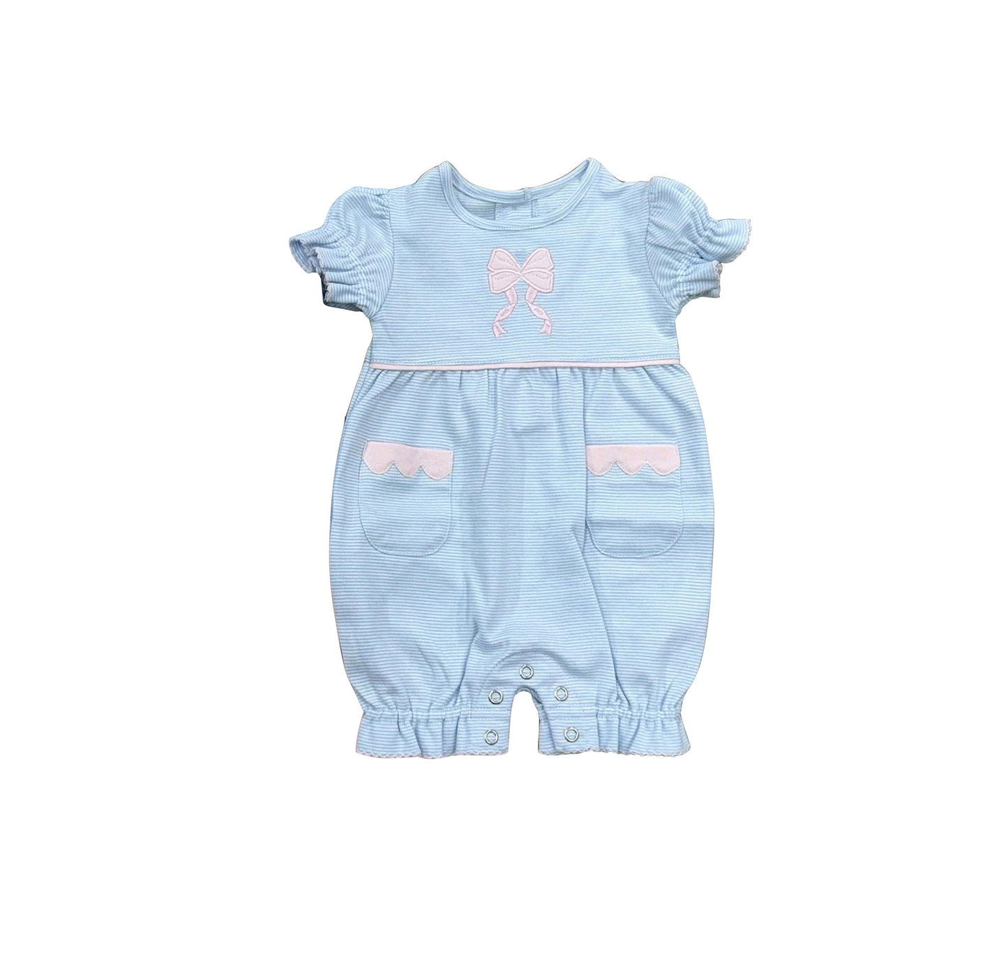MOQ 5 PCS preorder SR4150 Pink Bow Pocket Blue Stripe Short Sleeve Girls Romper 202603