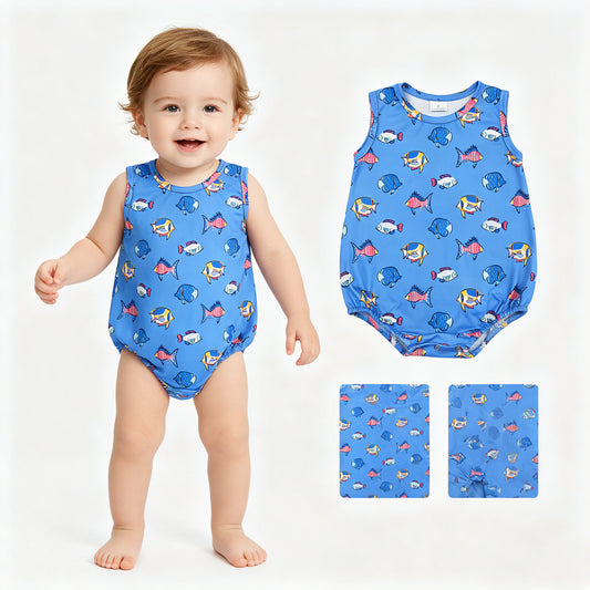 SR4151 Fishing Pattern Blue Sleeveless Boys Bubble Romper 202605 RTS