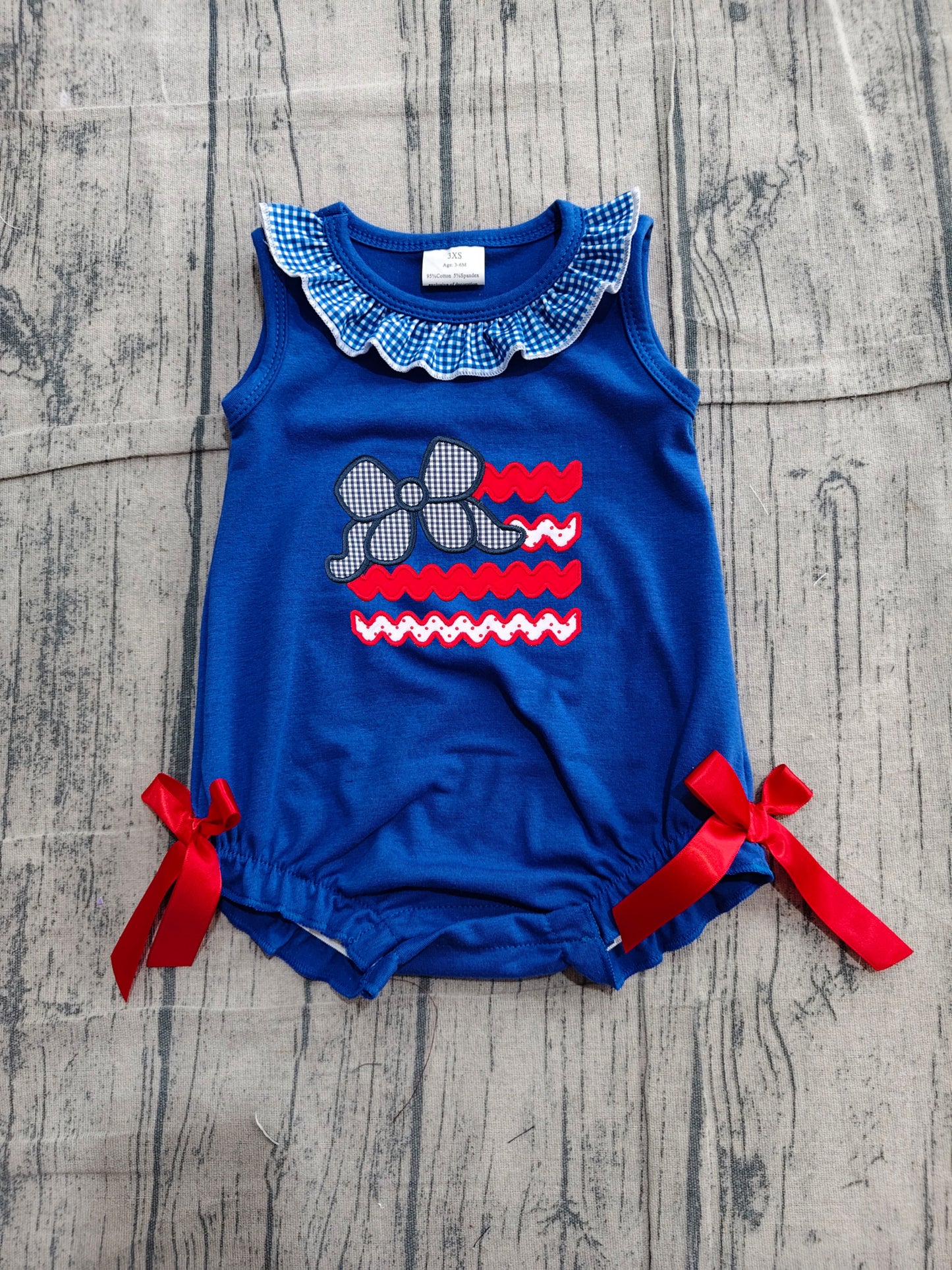 NO MOQ preorder SR4152 Embroidered 4th of July Bows Stripe Navy Plaid Ruffle Sleeveless Girls Bubble Romper 202604