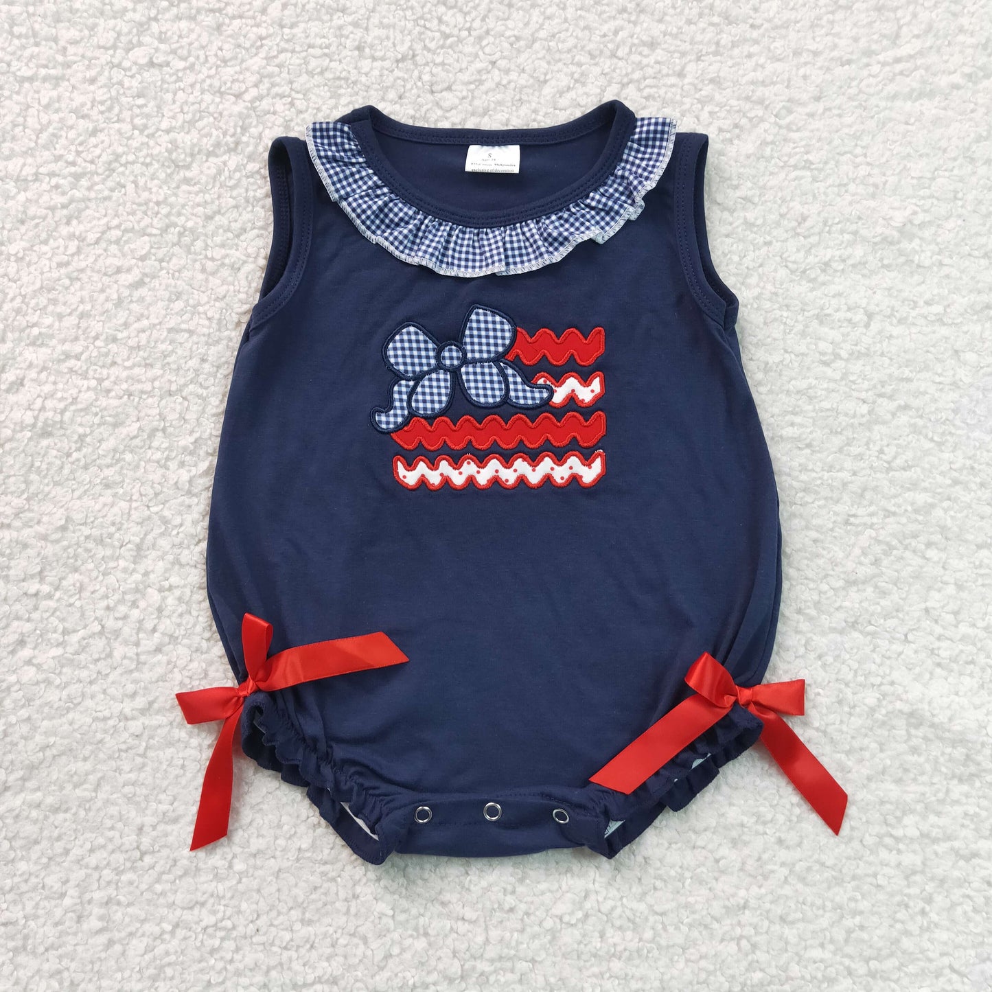 SR4152 Embroidered 4th of July Bows Stripe Navy Plaid Ruffle Sleeveless Girls Bubble Romper 202607 RTS