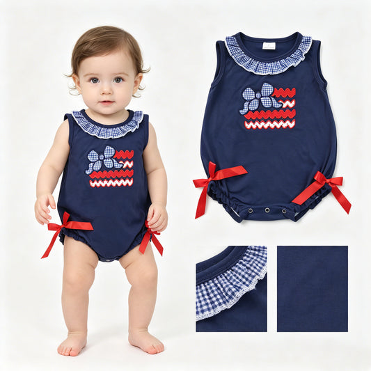 SR4152 Embroidered 4th of July Bows Stripe Navy Plaid Ruffle Sleeveless Girls Bubble Romper 202607 RTS