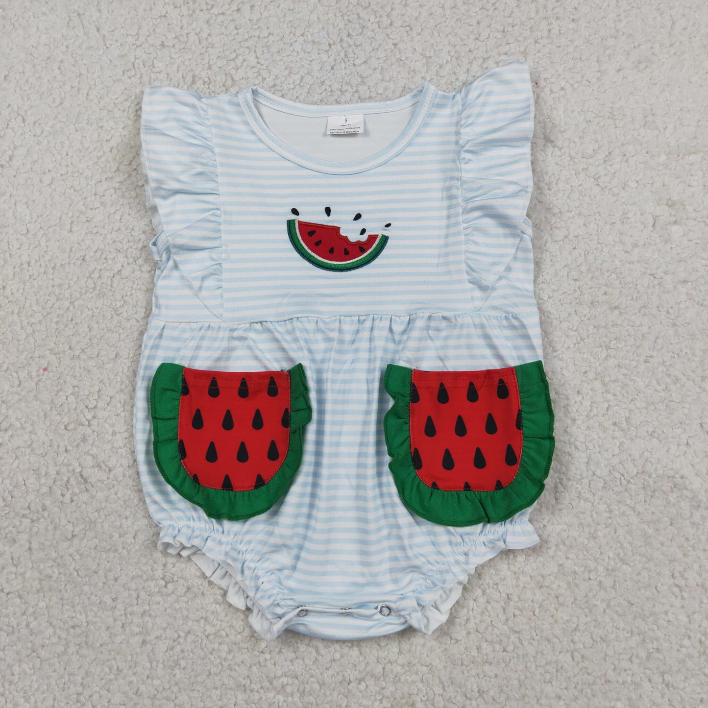 SR4153 Embroidered Watermelon Green Ruffle Pocket Blue Stripe Fly Sleeve Girls Bubble Romper 202605 RTS