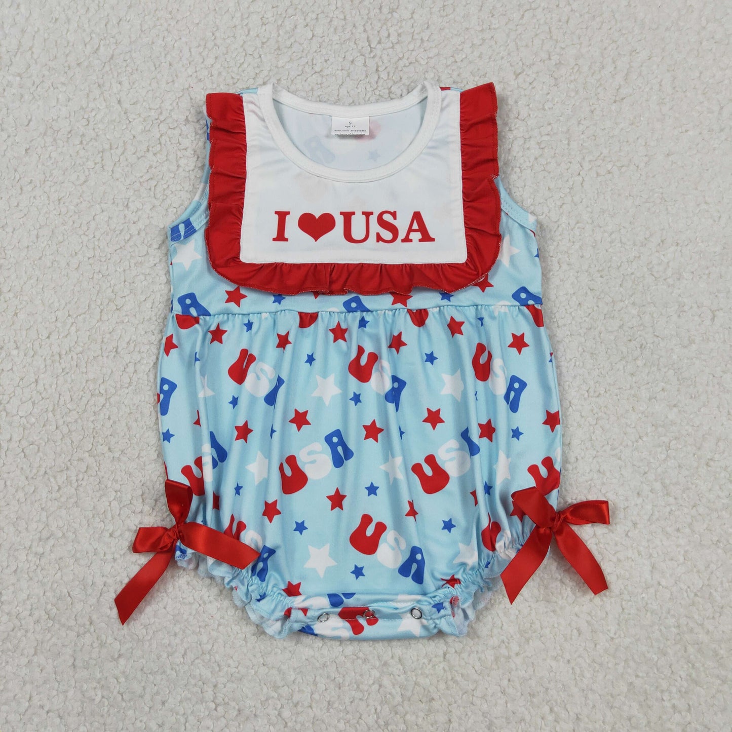 SR4154 4th of July I Love USA Red Ruffle Sleeveless Girls Bubble Romper 202605 RTS