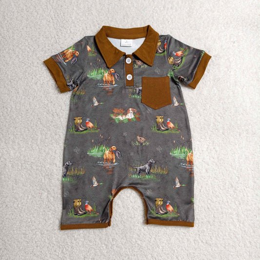 SR4162 Puppy Duck Hunting Brown Polo Short Sleeve Boys Romper 202606 RTS