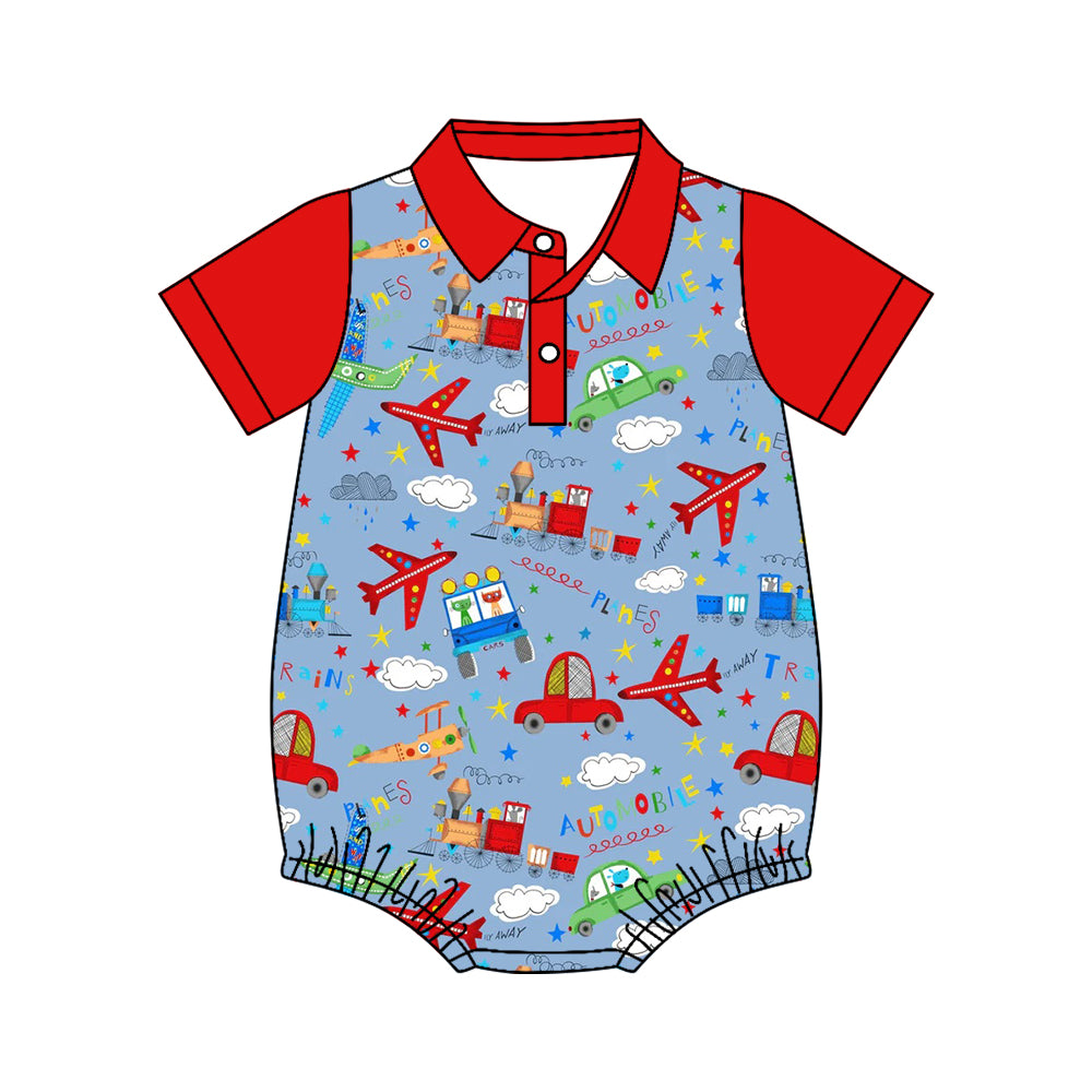 MOQ 5 PCS preorder SR4174 Airplane Train Star Red Polo Short Sleeve Boys Bubble Romper 202604