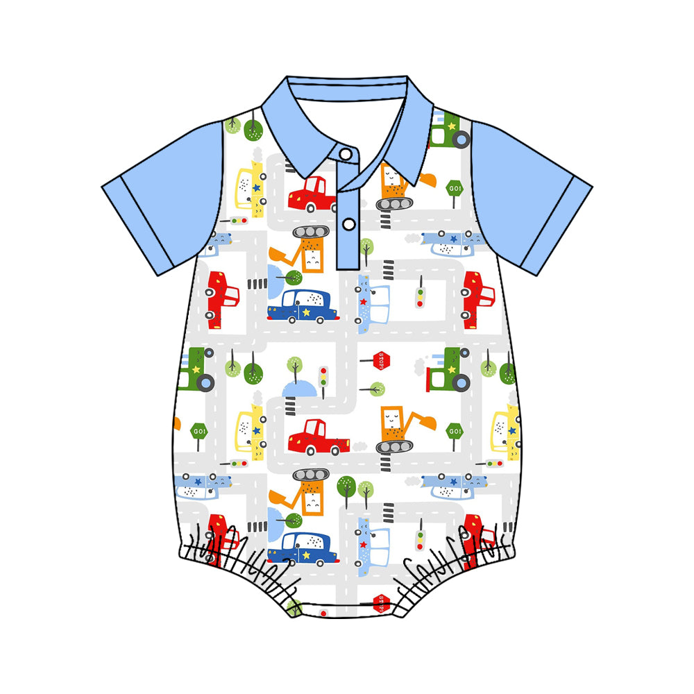 MOQ 5 PCS preorder SR4177 Car Map Route Blue Polo Short Sleeve Boys Bubble Romper 202604