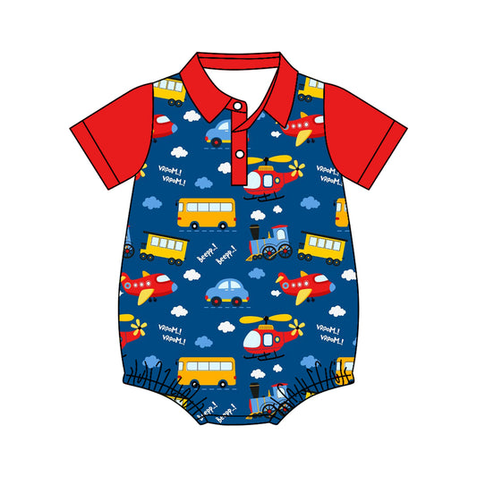 MOQ 5 PCS preorder SR4178 Helicopter Bus Car Red Polo Short Sleeve Boys Bubble Romper 202604