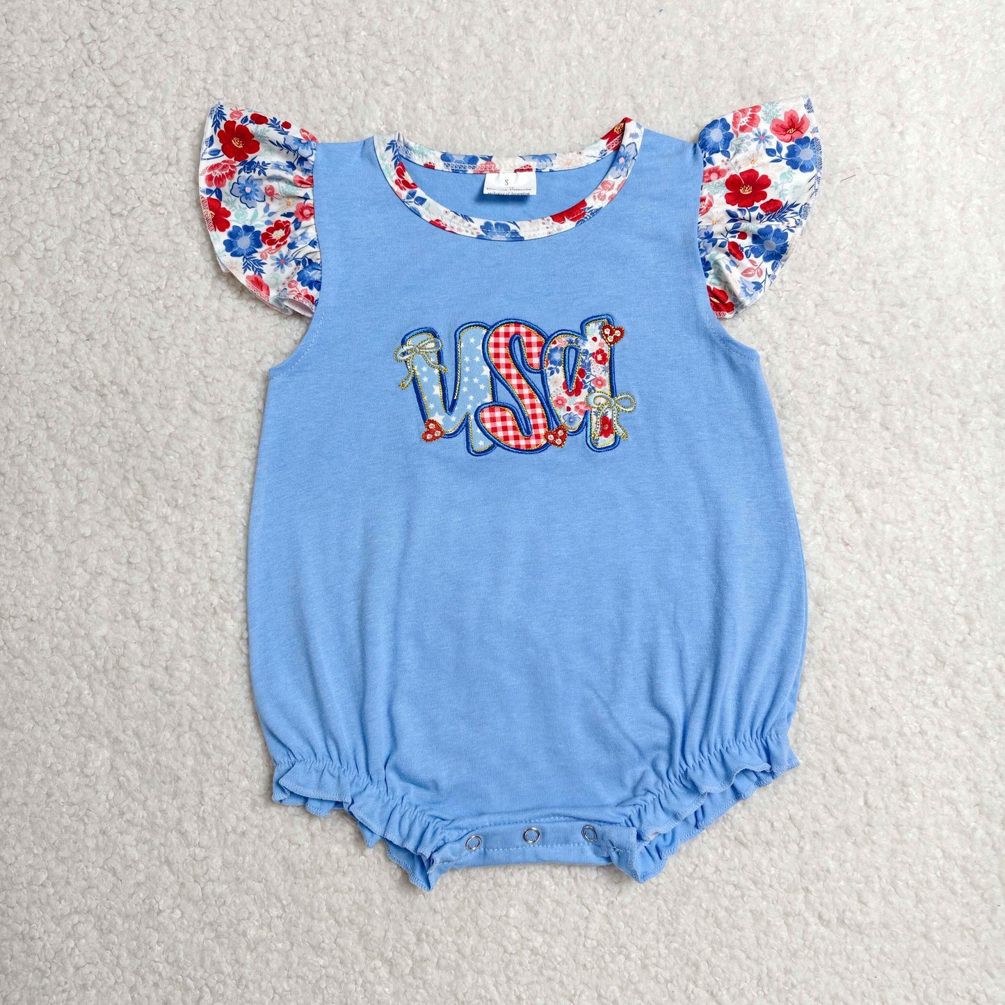 SR4186 Embroidered 4th of July USA Star Floral Blue Fly Sleeve Girls Bubble Romper 202606 RTS