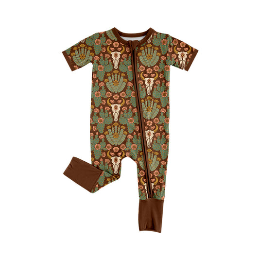 MOQ 5 PCS preorder SR4195 Highland Cow Flower Brown Zip Short Sleeve Boys Girls Romper 202604