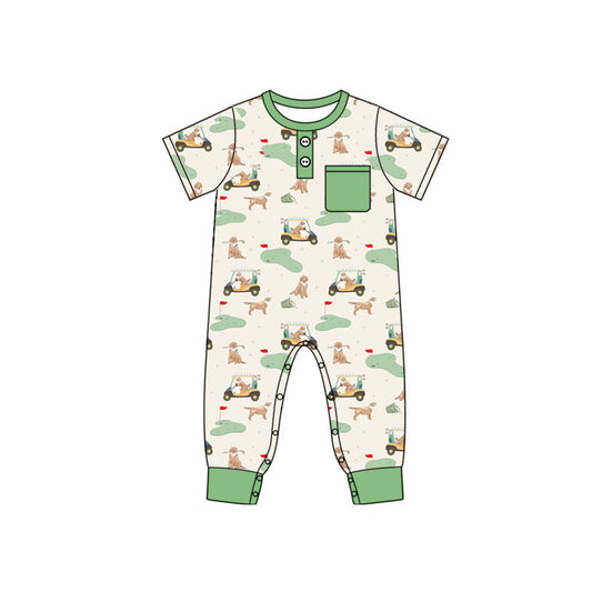 MOQ 5 PCS preorder SR4201 Puppy Golf Print Pocket Beige Green Short Sleeve Boys Romper 202604