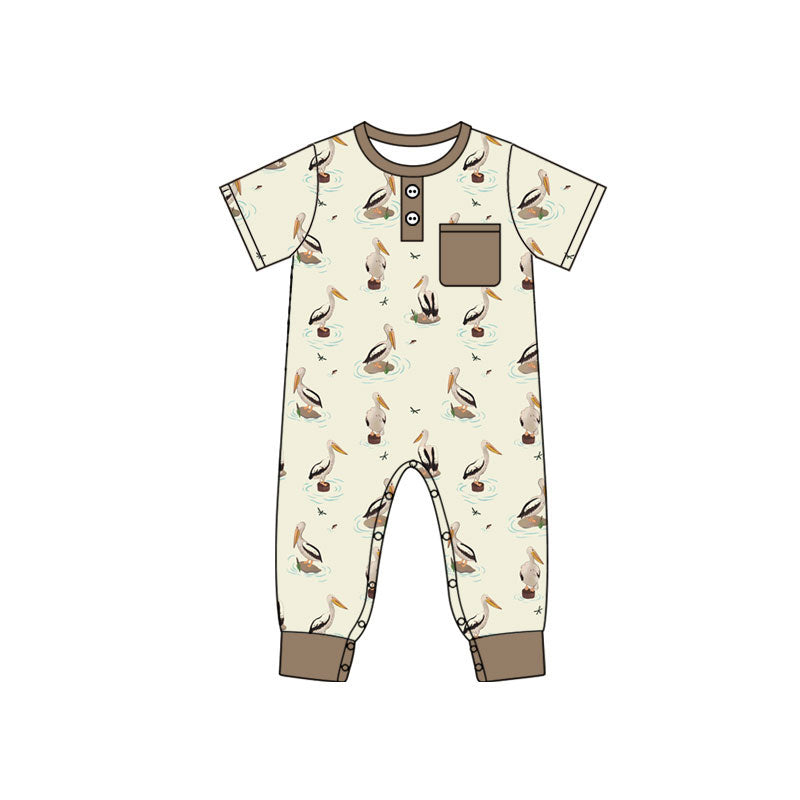 MOQ 5 PCS preorder SR4202 Goose Print Pocket Beige Brown Short Sleeve Boys Romper 202604