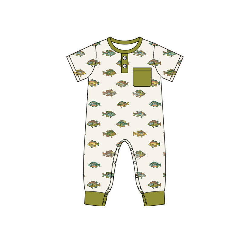 MOQ 5 PCS preorder SR4203 Fish Print Pocket Yellow Green Short Sleeve Boys Romper 202604