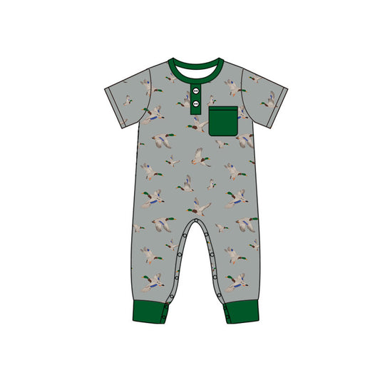 MOQ 5 PCS preorder SR4204 Duck Hunting Print Pocket Gray Green Short Sleeve Boys Romper 202604