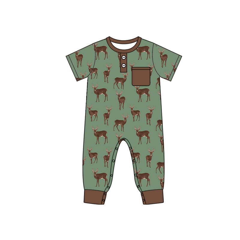 MOQ 5 PCS preorder SR4205 Deer Hunting Print Pocket Green Brown Short Sleeve Boys Romper 202604