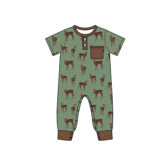 MOQ 5 PCS preorder SR4205 Deer Hunting Print Pocket Green Brown Short Sleeve Boys Romper 202604
