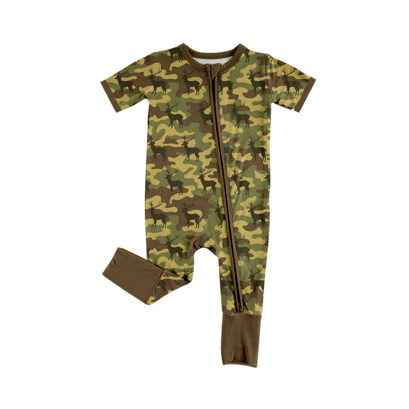 MOQ 5 PCS preorder SR4207 Deer Hunting Yellow Green Brown Camouflage Zip Short Sleeve Boys Romper 202604