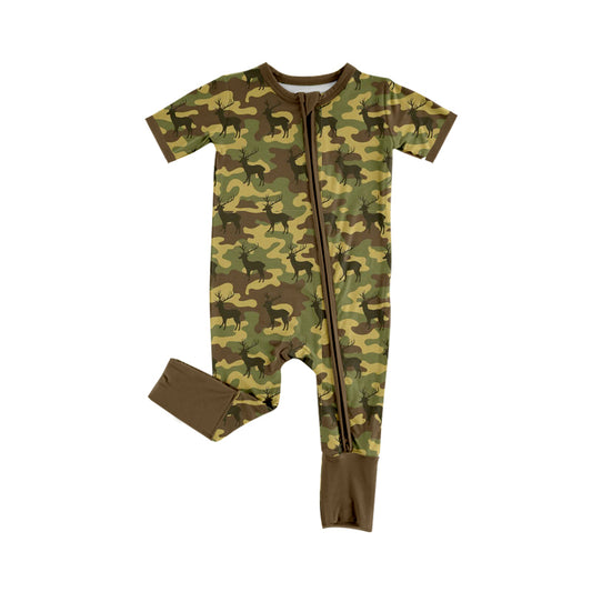 MOQ 5 PCS preorder SR4207 Deer Hunting Yellow Green Brown Camouflage Zip Short Sleeve Boys Romper 202604
