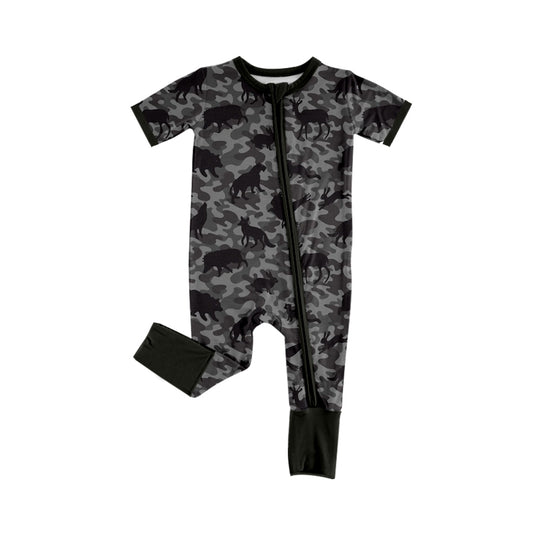 MOQ 5 PCS preorder SR4208 Deer Wild Boar Gray Camouflage Zip Short Sleeve Boys Romper 202604