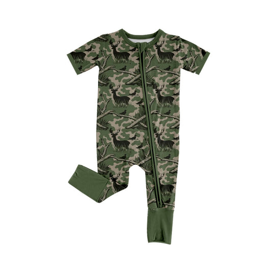 MOQ 5 PCS preorder SR4209 Deer Hunting Green Camouflage Zip Short Sleeve Boys Romper 202604