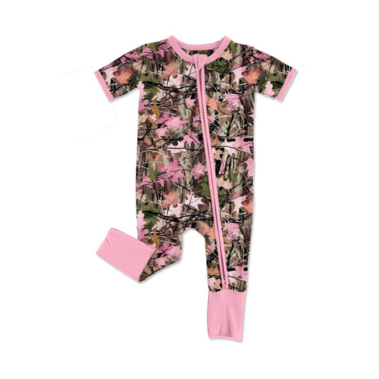 MOQ 5 PCS preorder SR4211 Branches Leaves Pink Zip Short Sleeve Girls Romper 202604