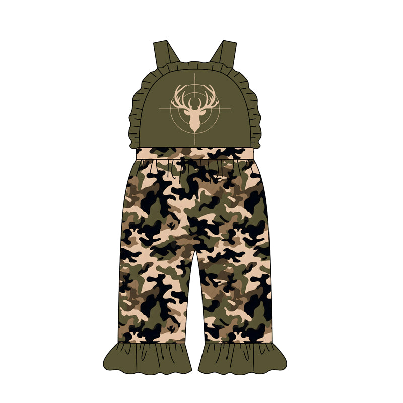 MOQ 5 PCS Preorder SR4214 Deer Hunting Camouflage Gray Green Ruffle Sleeveless Girls Overalls Jumpsuits 202604