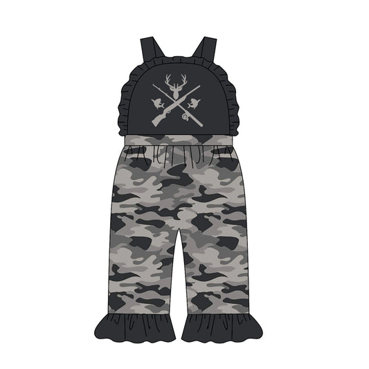 MOQ 5 PCS Preorder SR4217 Deer Hunting Camouflage Dark Gray Ruffle Sleeveless Girls Overalls Jumpsuits 202604