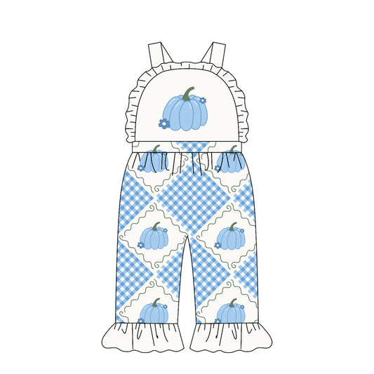 MOQ 5 PCS Preorder SR4218 Pumpkin Flower Blue Plaid White Ruffle Sleeveless Girls Overalls Jumpsuits 202604