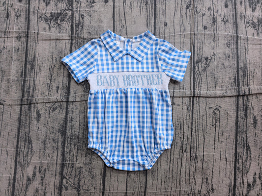 NO MOQ preorder SR4231 Smocked Baby Brother Letter Blue Plaid Doll Collar Short Sleeve Boys Bubble Romper 202606