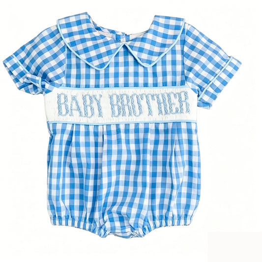 MOQ 5 PCS preorder SR4231 Baby Brother Letter Blue Plaid Doll Collar Short Sleeve Boys Bubble Romper 202604