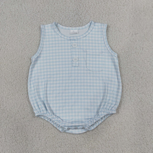 SR4232 Light Blue Plaid Sleeveless Boys Bubble Romper 202607 RTS