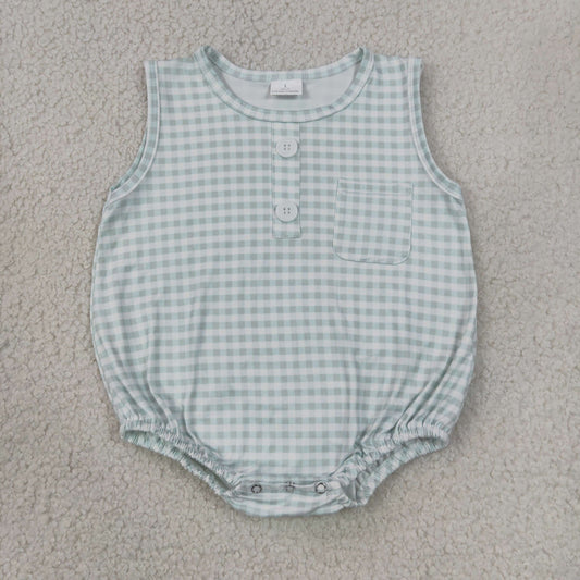 SR4234 Light Green Plaid Sleeveless Boys Bubble Romper 202607 RTS