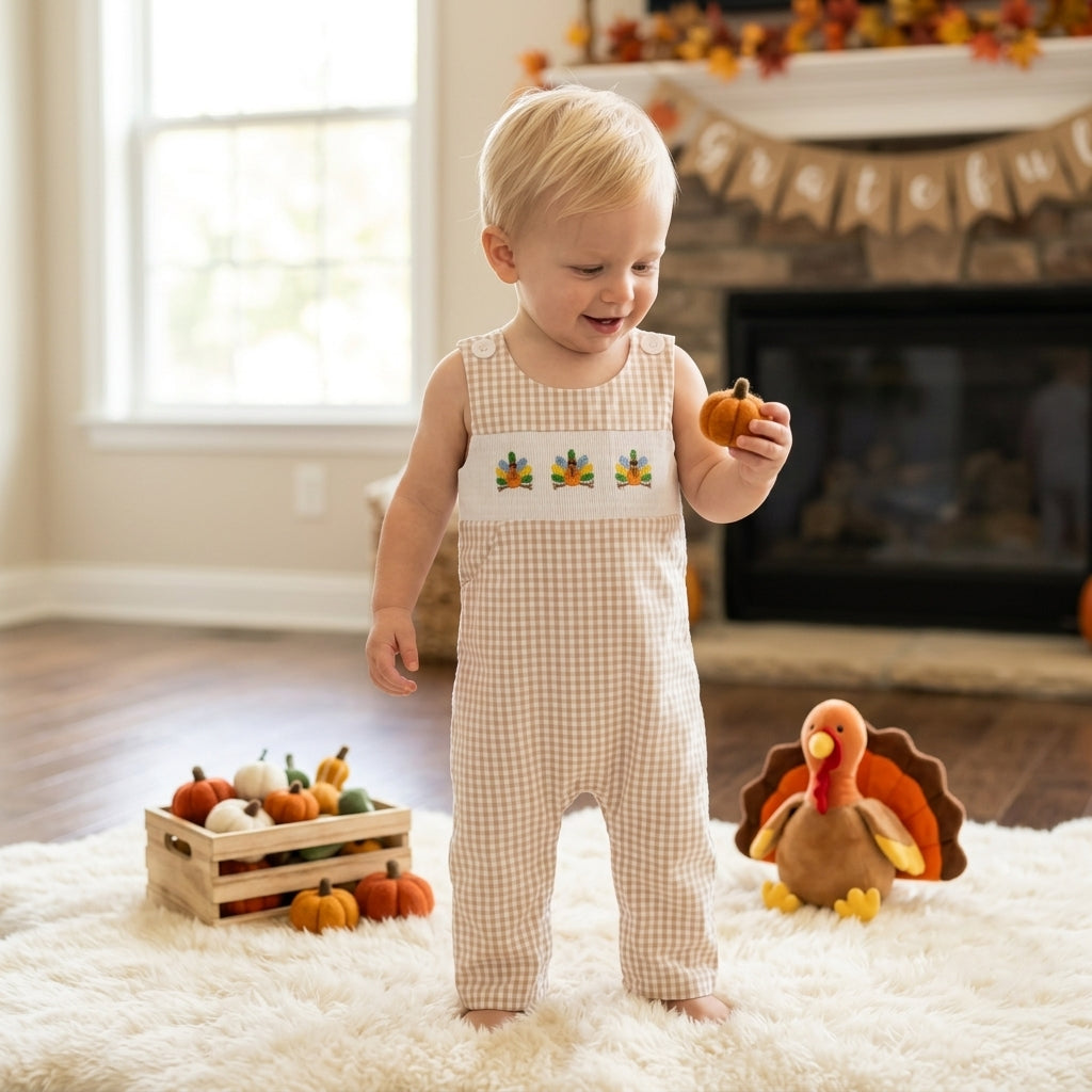 SR4277 Smocked Thanksgiving Day Turkey Plaid Baby Romper