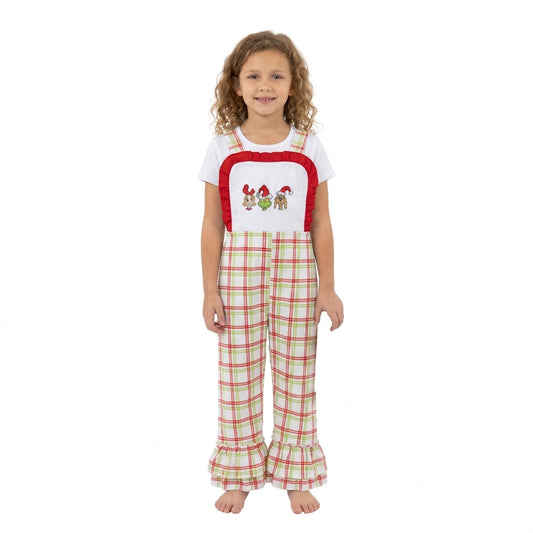 SR4282 Embroidery Christmas Green Animals Red Girl's Jumpsuit